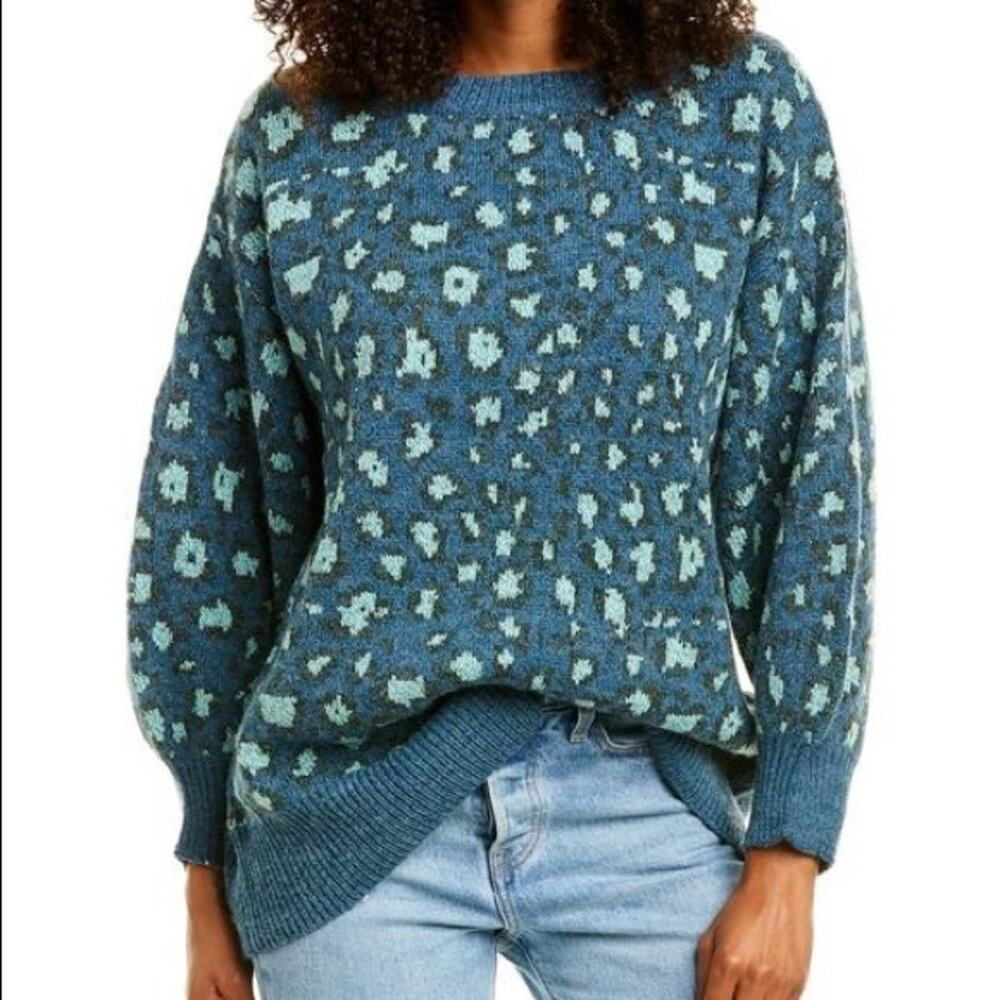 Farm Rio Blue Leopard Animal Print Knit Sweater Size Small Blue Wool Blend